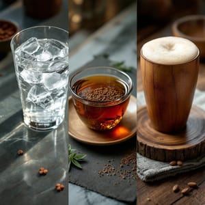 Three beverages side by side: water with ice, amber tea with visible tea leaves, and a wooden mug of frothy ale
