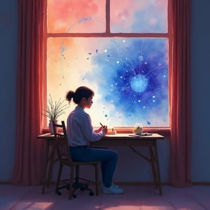 A person sits at a wooden desk by a window, writing quietly while cosmic blue creativity blooms outside against an orange sunset sky.
