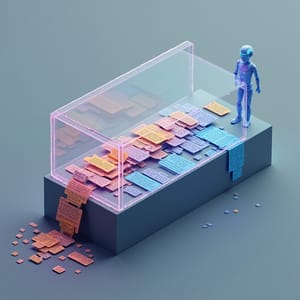 AI figure observes a transparent memory box with colorful text cards inside, while older orange cards spill out one side, forgotten.
