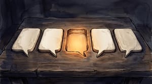 A row of five cream speech-bubble tiles on a dark wooden table, each sitting in its own carved slot. The middle slot is empty and glows warm amber from inside.