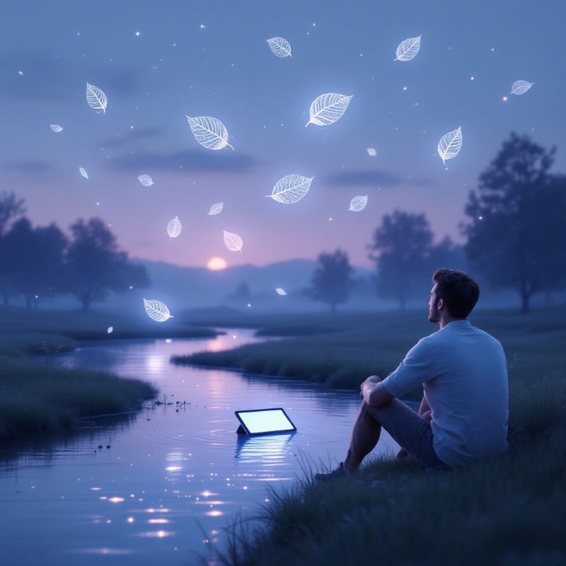 A man sitting by a "digital stream" representing AI, metaphorically distancing from thoughts as symbolic floating leaves.
