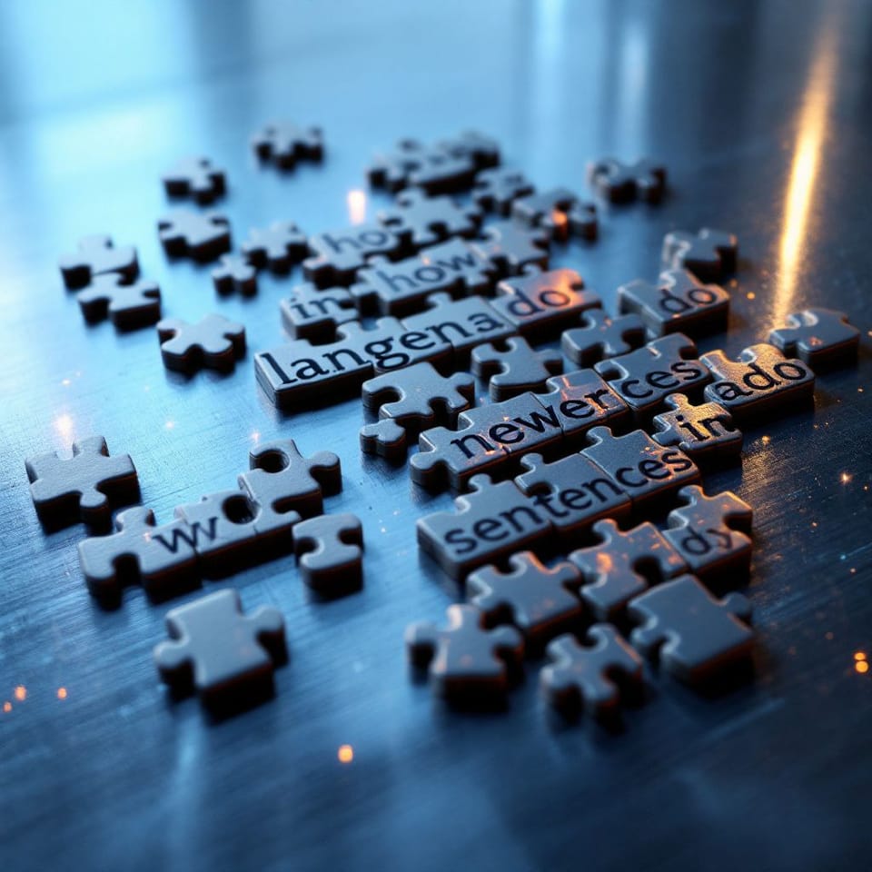 A close-up of glowing blue puzzle pieces with words like "language" and "sentences" etched on them, scattered on a reflective surface.