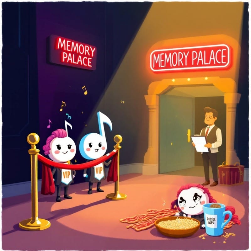 Musical notes with VIP passes enter Memory Palace club past velvet ropes, while sad breakfast foods (bacon, cereal, coffee) sit rejected outside