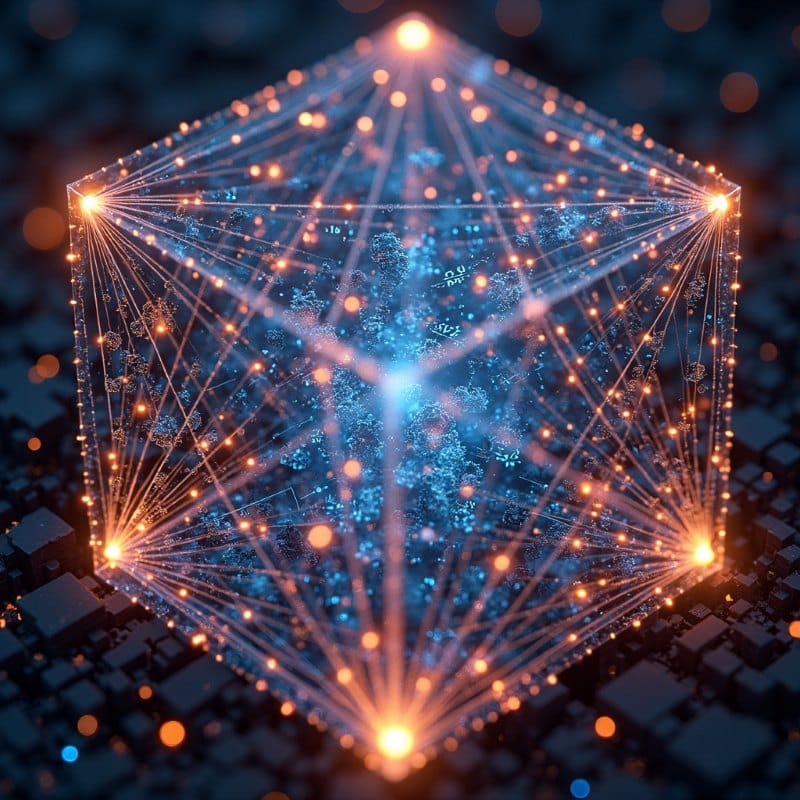 Futuristic geometric light structure with glowing orange beams connecting vertices around a blue crystalline core, suggesting advanced digital network visualization.