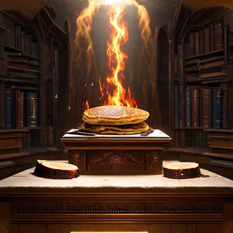 A stack of slightly burned pancakes on a ceremonial altar, releasing mystical flames that rise toward ancient tomes of knowledge—the first sacrifice on the path to mastery.
