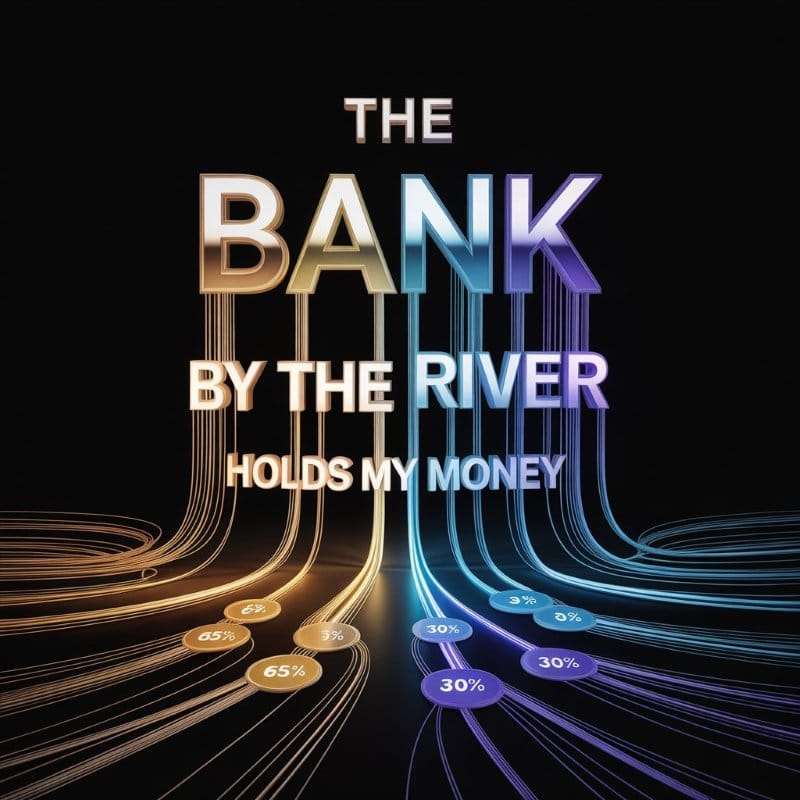 Visualization of AI attention weights showing how "BANK" connects to context words with different percentages. Colorful lines show stronger connections to "river" (65%) and "money" (30%)