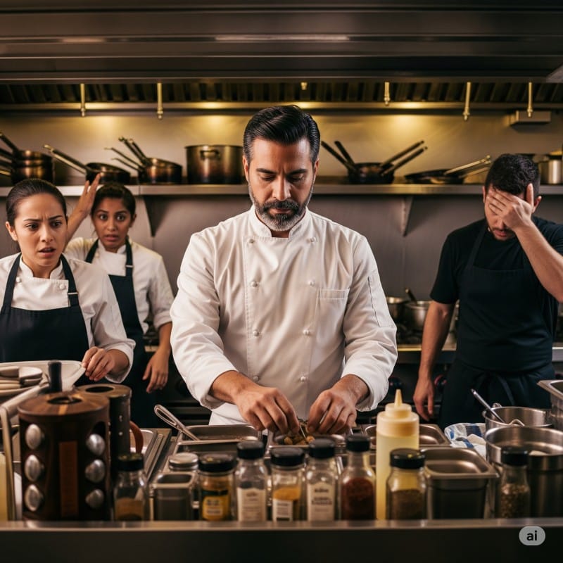 Professional chef calmly preparing ingredients while chaotic kitchen activity unfolds around him - emotional mise en place