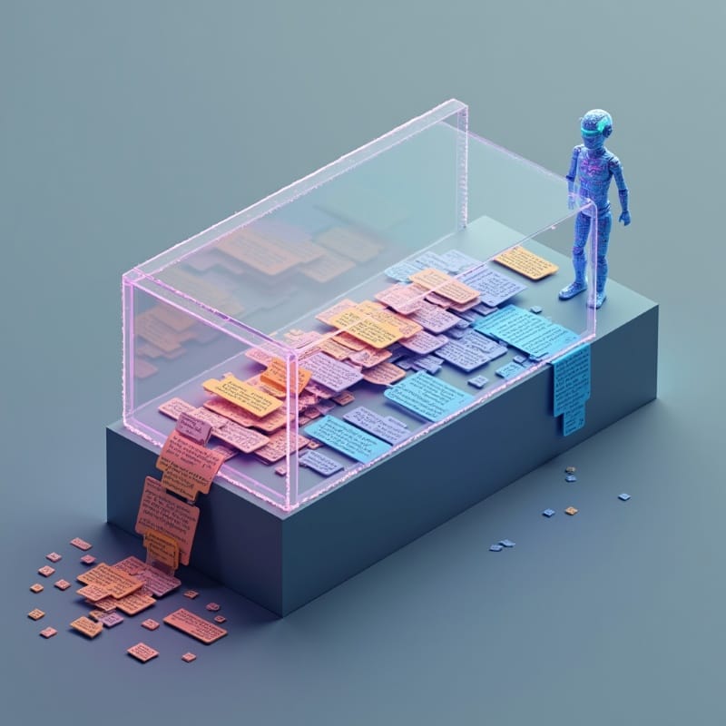 AI figure observes a transparent memory box with colorful text cards inside, while older orange cards spill out one side, forgotten.