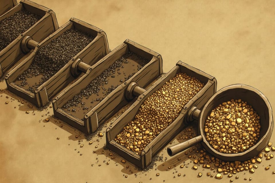 Gold mining sluice boxes showing progressive refinement from muddy rocks to pure gold nuggets - a visual metaphor for neural networks