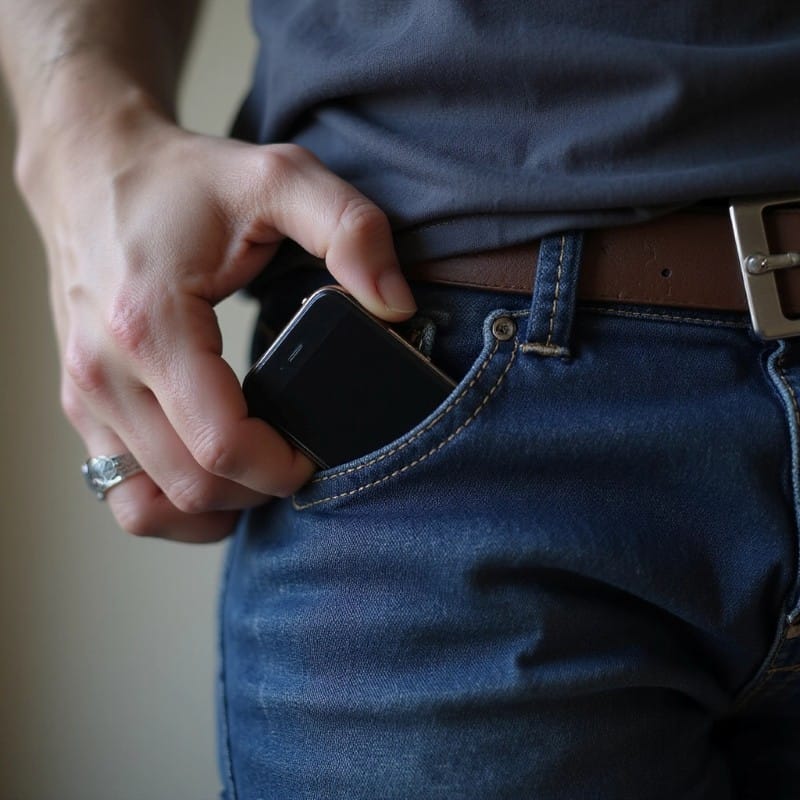 Hand pulling black smartphone from blue jean pocket to check for phantom vibrations