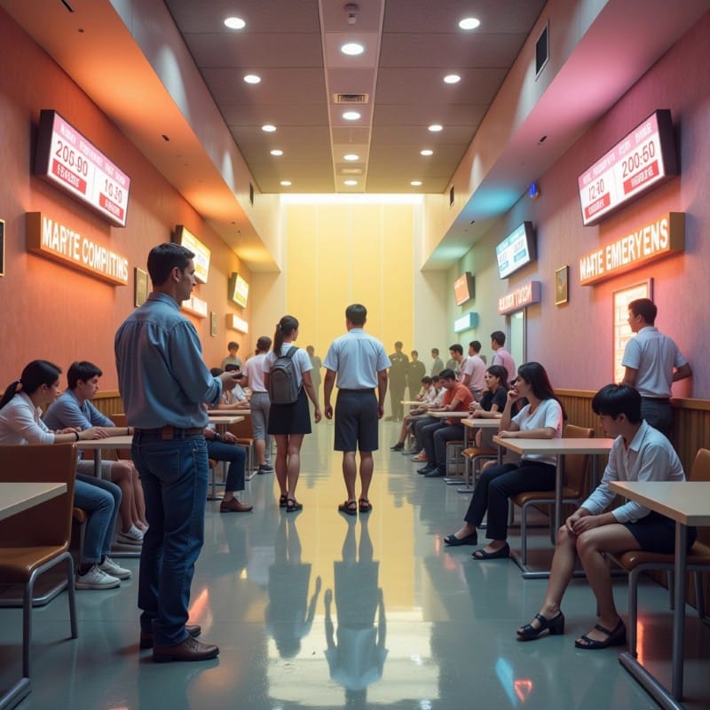 People in an institutional waiting area with electronic queue display. Some sit patiently, others stand anxiously, all facing the distant light.